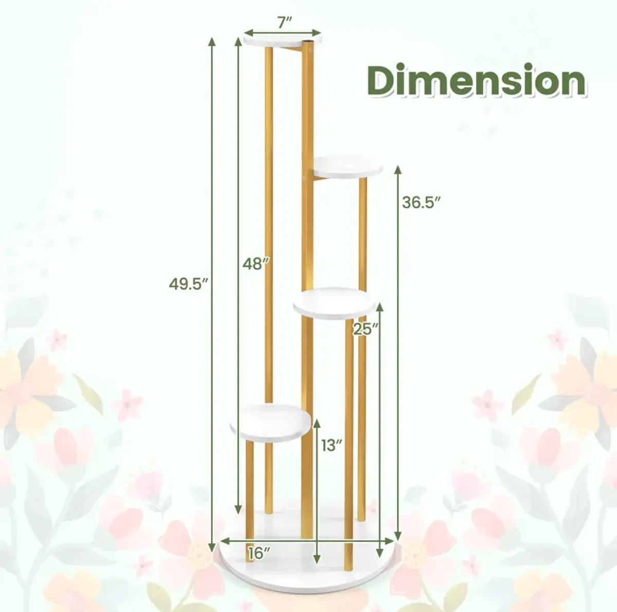 Indoor Metal Plant Stand Corner Plant Shelf for Potted Plant with Golden Metal Frame-White