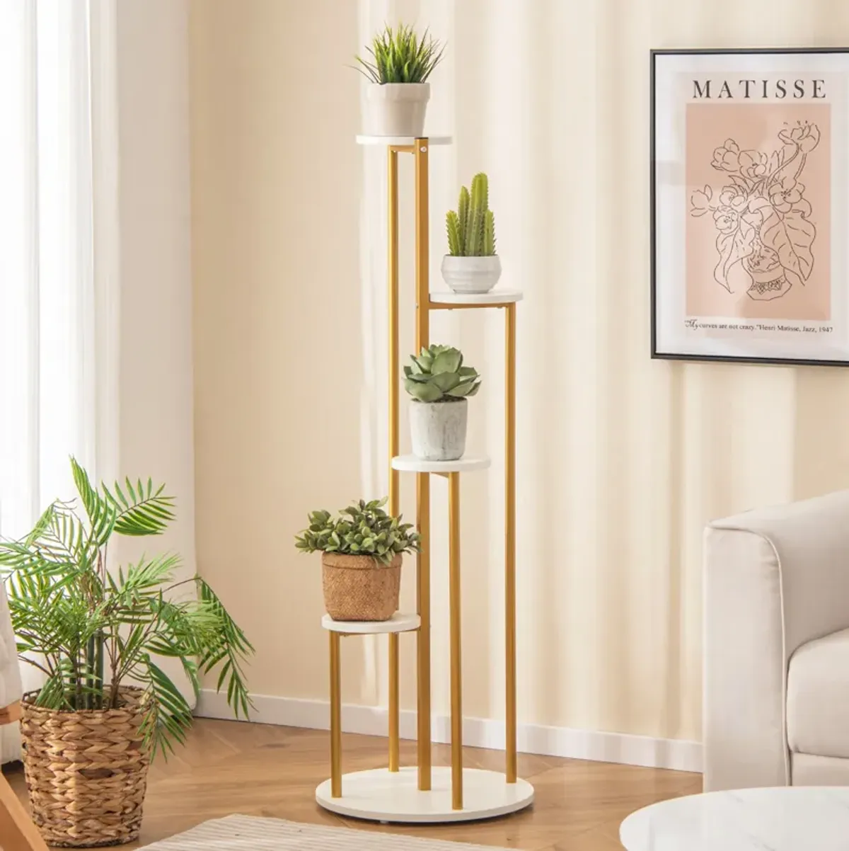 Indoor Metal Plant Stand Corner Plant Shelf for Potted Plant with Golden Metal Frame-White