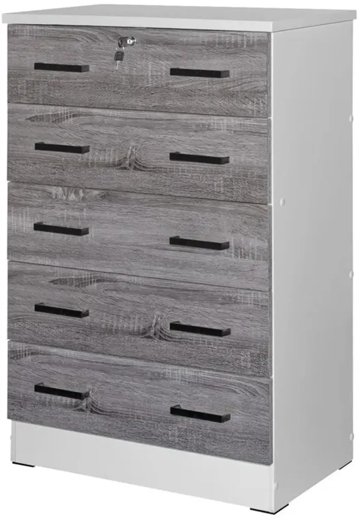 Better Home Products Cindy 5 Drawer Chest Wooden Dresser with Lock in White/Gray