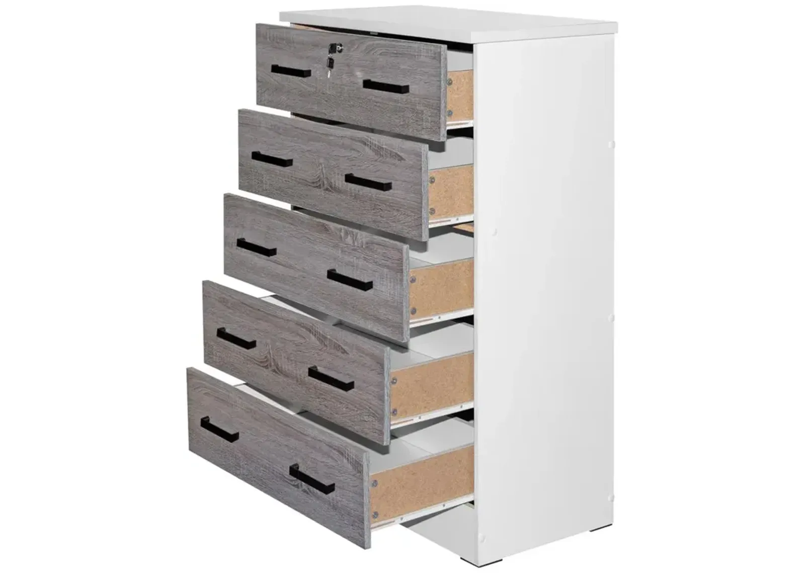 Better Home Products Cindy 5 Drawer Chest Wooden Dresser with Lock in White/Gray