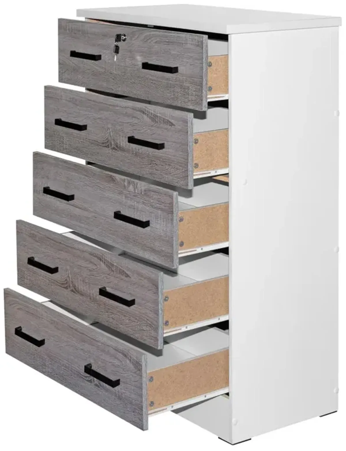 Better Home Products Cindy 5 Drawer Chest Wooden Dresser with Lock in White/Gray