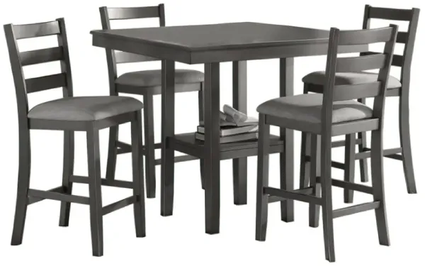 5 Piece Counter Height Dining Set, Table and 4 Chairs, Padded Seats, Gray - Benzara