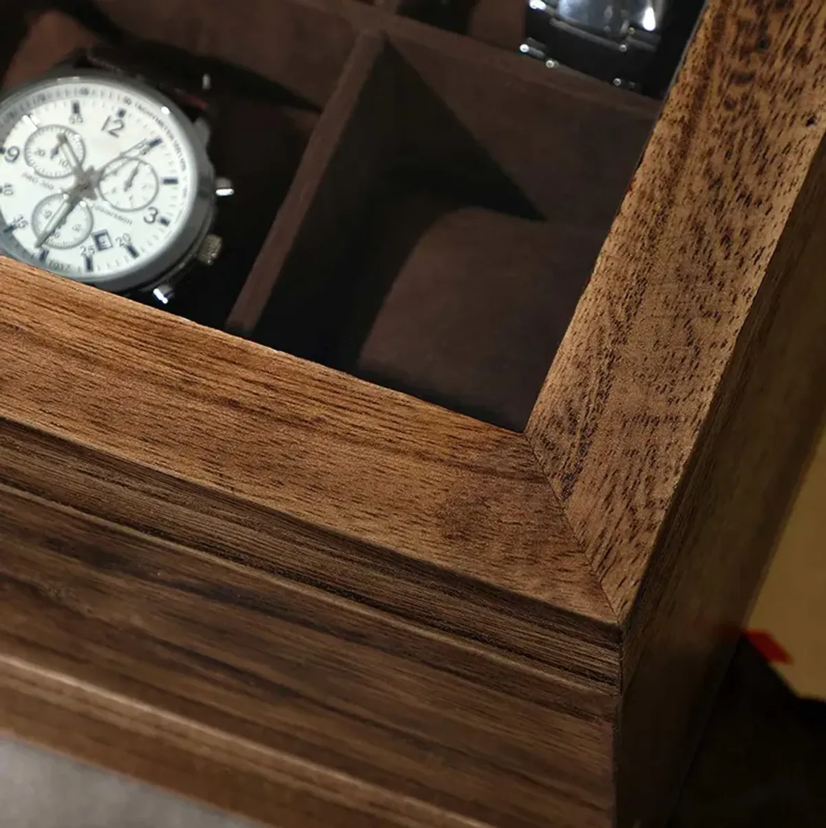 Rustic Walnut Solid Wood Watch Box with Pillows and Glass Lid - Perfect for Men