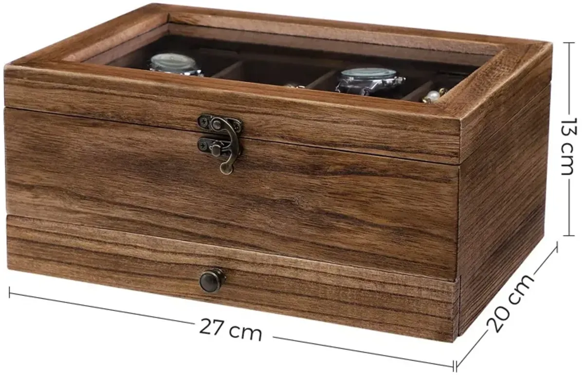 Rustic Walnut Solid Wood Watch Box with Pillows and Glass Lid - Perfect for Men