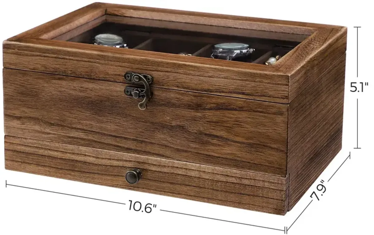 Rustic Walnut Solid Wood Watch Box with Pillows and Glass Lid - Perfect for Men