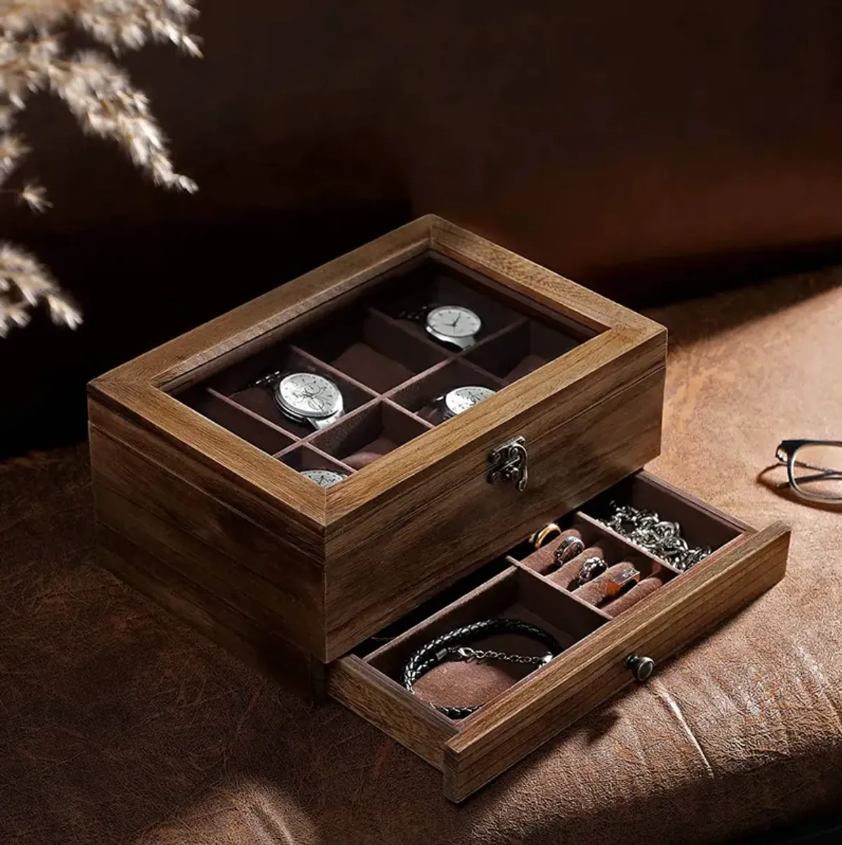 Rustic Walnut Solid Wood Watch Box with Pillows and Glass Lid - Perfect for Men