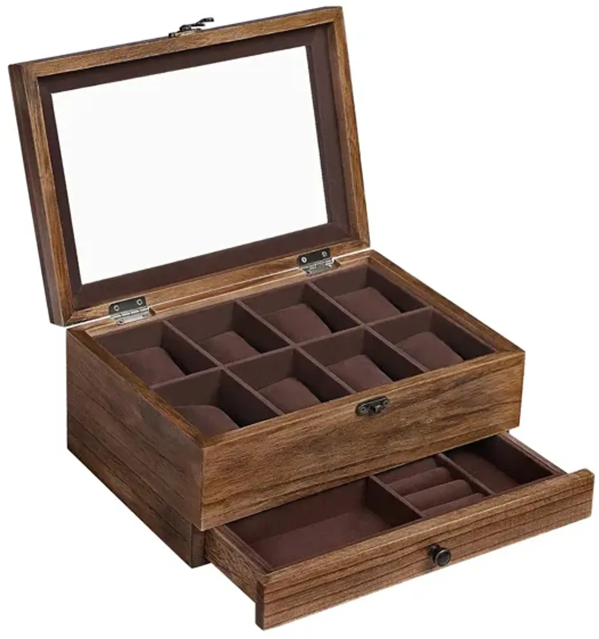 Rustic Walnut Solid Wood Watch Box with Pillows and Glass Lid - Perfect for Men