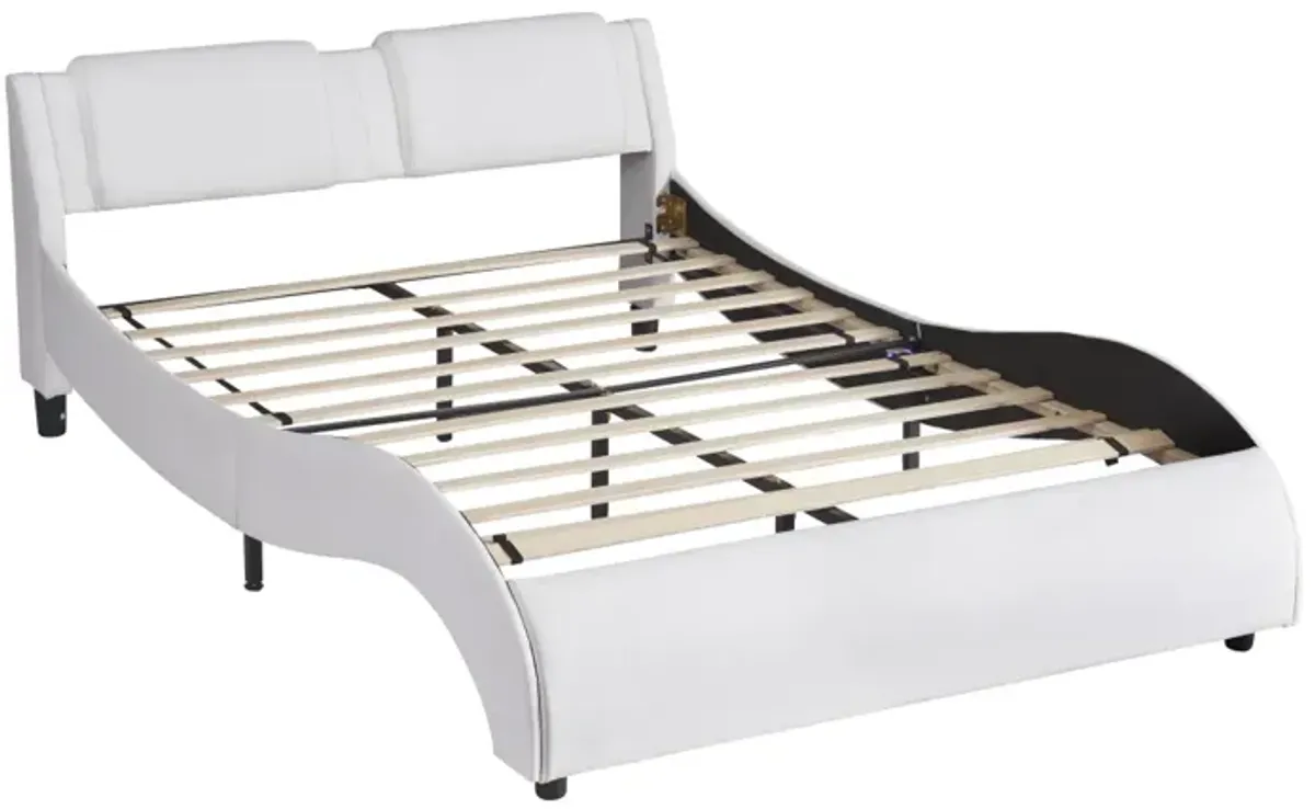 Queen Size Upholstered Faux Leather Platform Bed with LED Light Bed Frame with Slatted