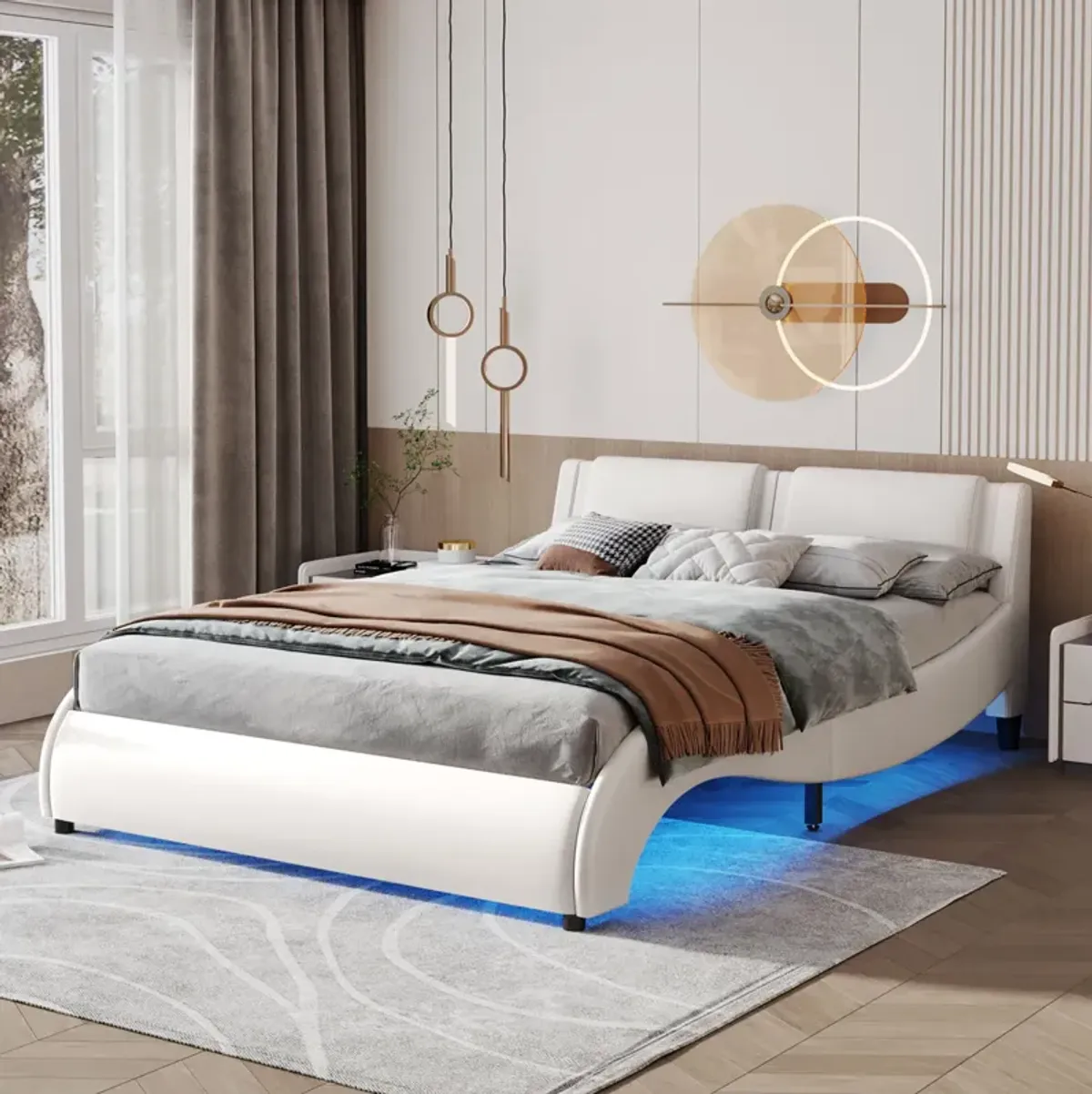 Queen Size Upholstered Faux Leather Platform Bed with LED Light Bed Frame with Slatted