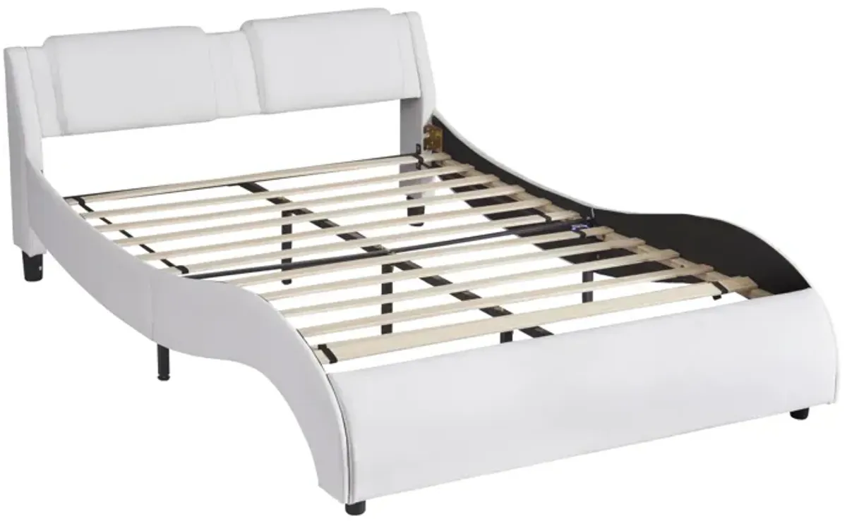 Queen Size Upholstered Faux Leather Platform Bed with LED Light Bed Frame with Slatted