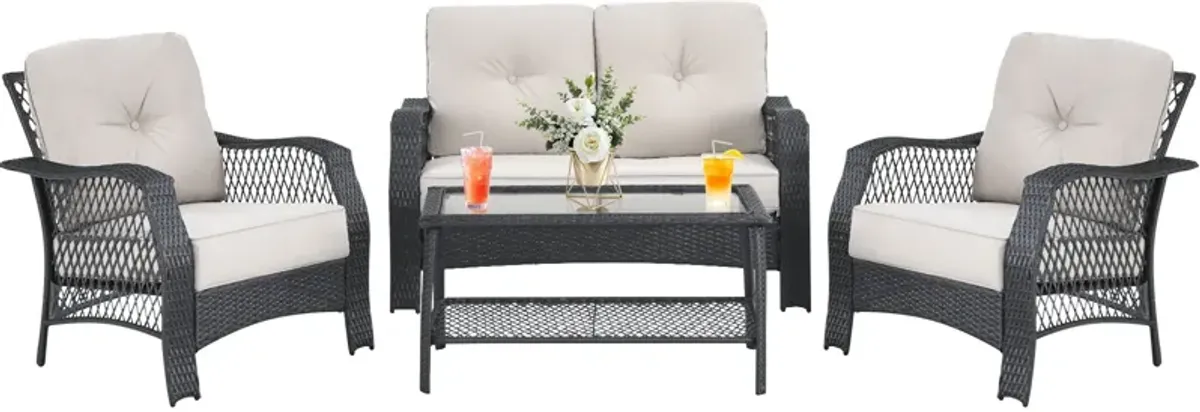 4 Pieces Patio Wicker Furniture Conversation Sets with Coffee Table and Cushions