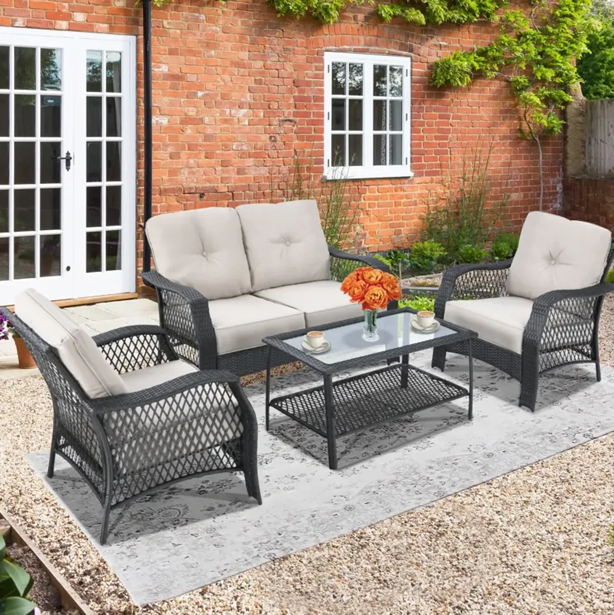 4 Pieces Patio Wicker Furniture Conversation Sets with Coffee Table and Cushions