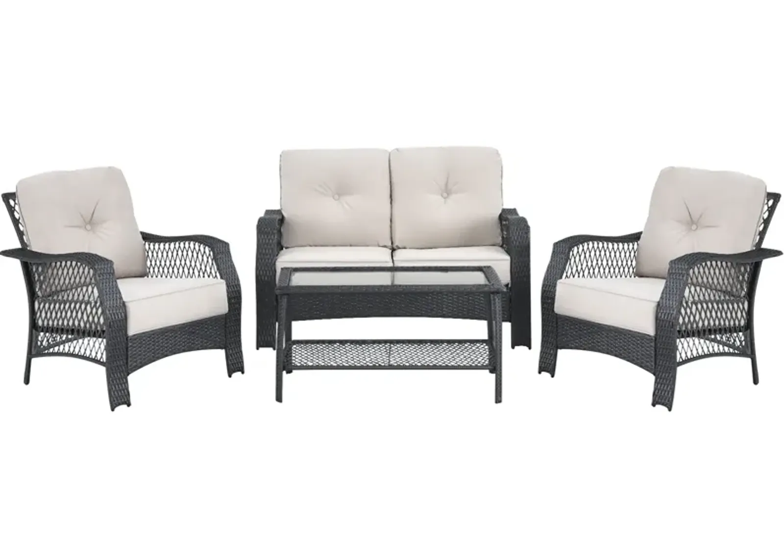 4 Pieces Patio Wicker Furniture Conversation Sets with Coffee Table and Cushions