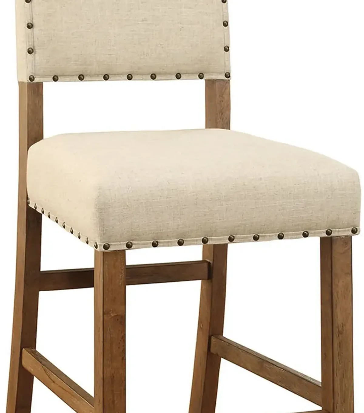 Counter Height Chair, Beige Fabric, Nailhead Trim, Set of 2, Brown Wood Legs-Benzara