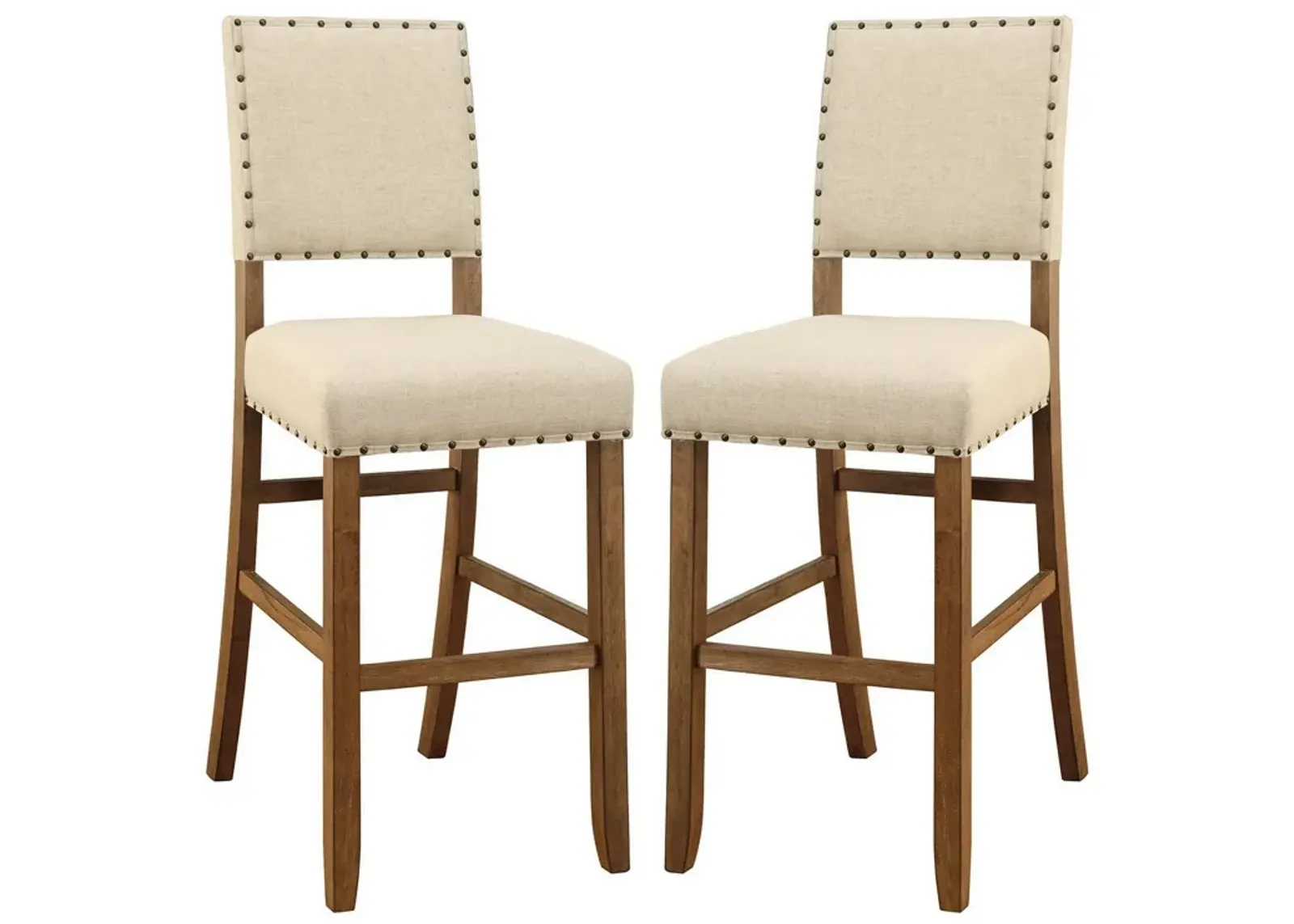 Counter Height Chair, Beige Fabric, Nailhead Trim, Set of 2, Brown Wood Legs-Benzara