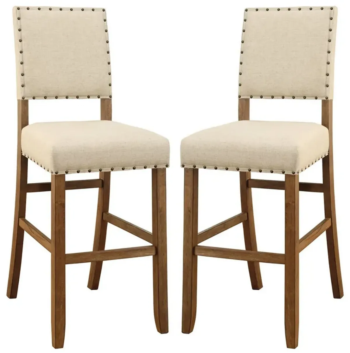 Counter Height Chair, Beige Fabric, Nailhead Trim, Set of 2, Brown Wood Legs-Benzara