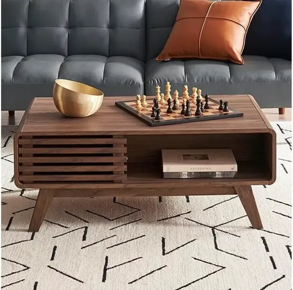 mopio Farmhouse Wood Coffee Table for Living Room Fluted