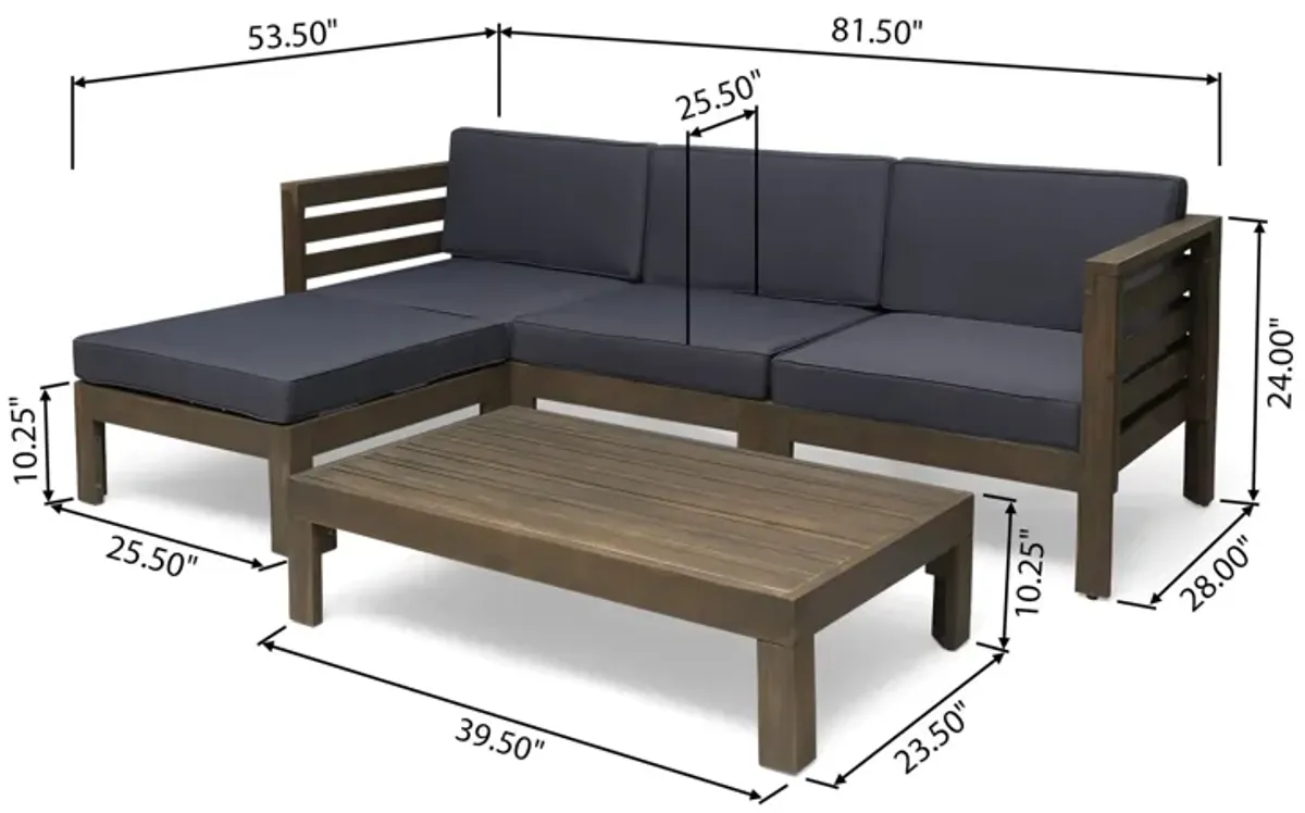 Camia 3pc Outdoor L Sofa, Ottoman, Coffee Table, Dark Gray, Brown - Benzara