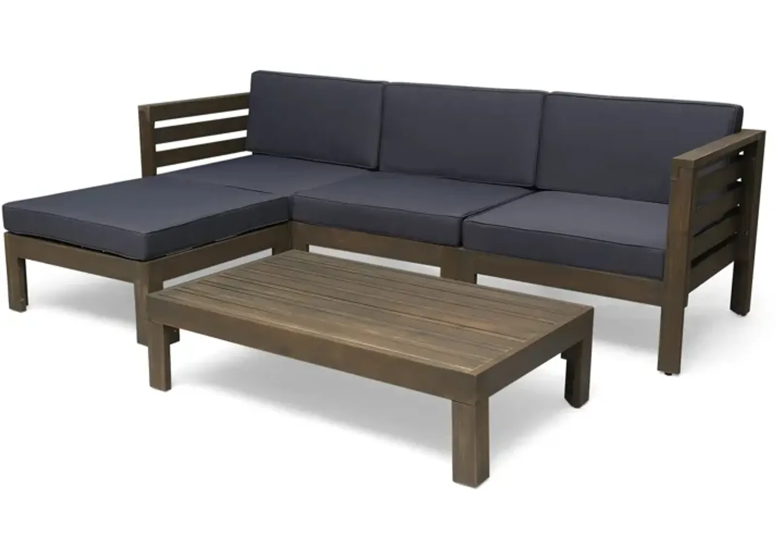 Camia 3pc Outdoor L Sofa, Ottoman, Coffee Table, Dark Gray, Brown - Benzara