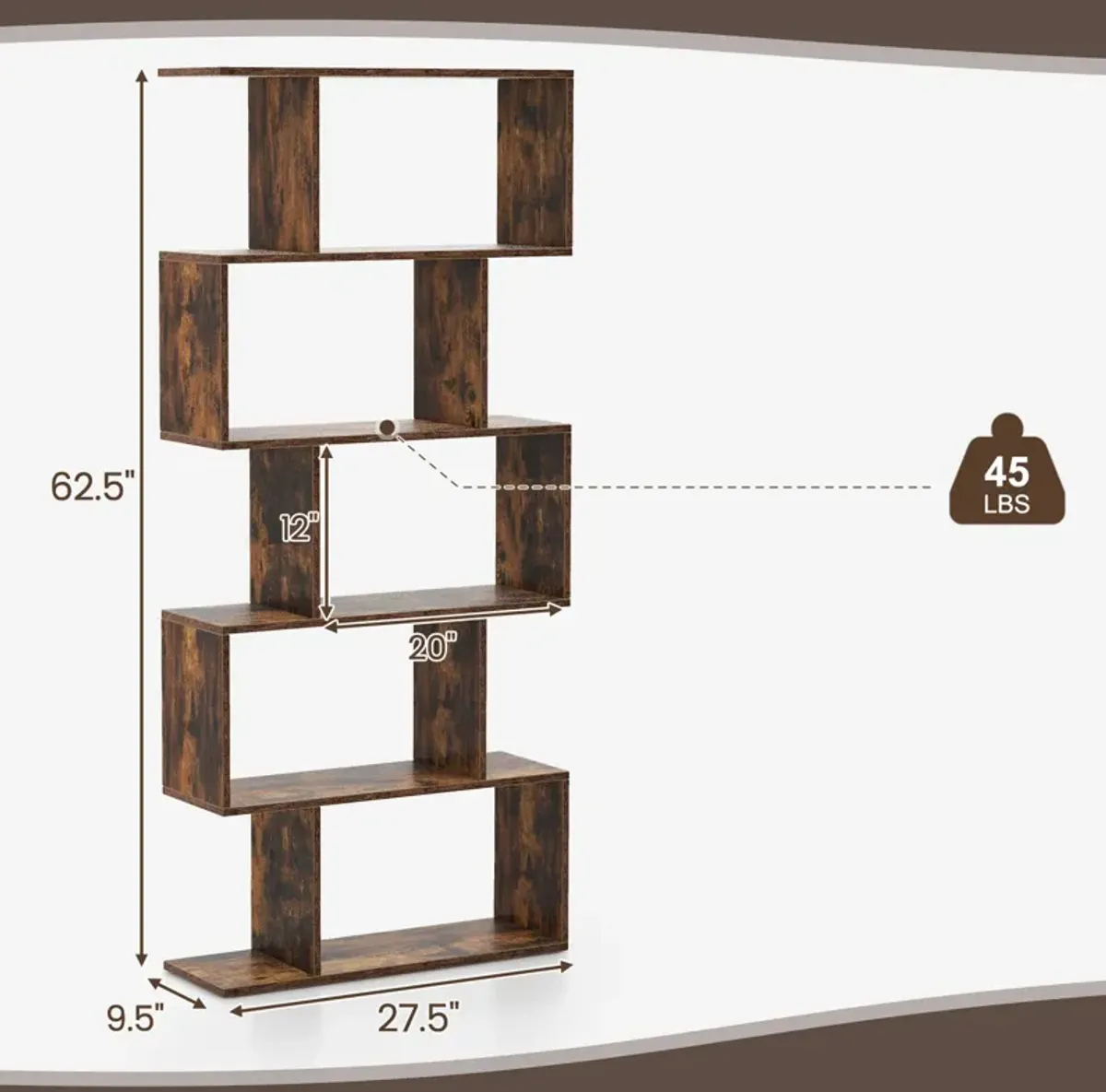 5-Tier Bookshelf with Anti-Toppling Device for Living Room Home Office