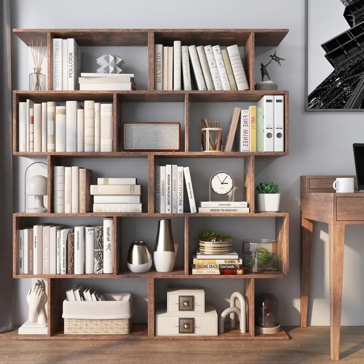 5-Tier Bookshelf with Anti-Toppling Device for Living Room Home Office