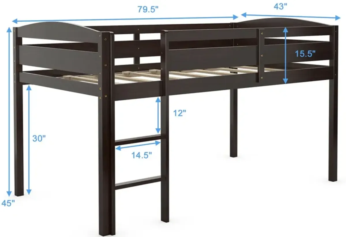 Wooden Twin Low Loft Bunk Bed with Guard Rail and Ladder