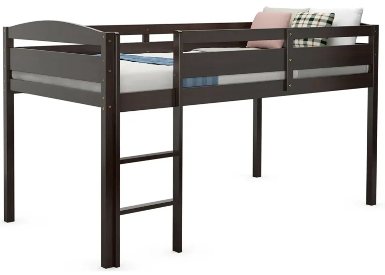 Wooden Twin Low Loft Bunk Bed with Guard Rail and Ladder