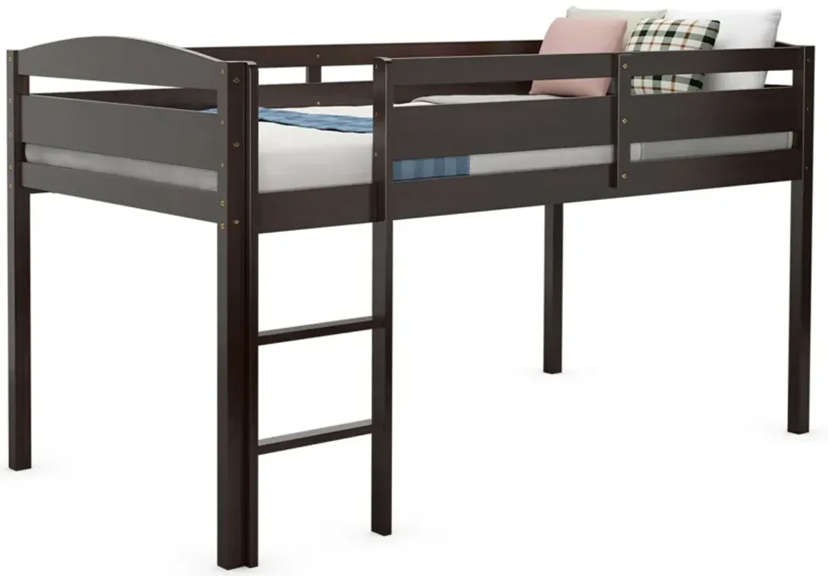 Wooden Twin Low Loft Bunk Bed with Guard Rail and Ladder