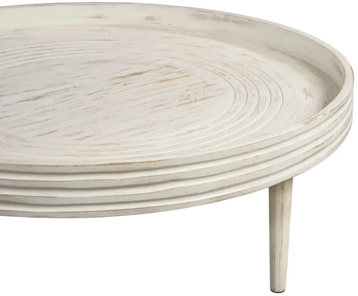 33 Inch Coffee Table, Solid Mango Wood, Handcrafted Round Grooved Raised Edge, Distressed White - Benzara