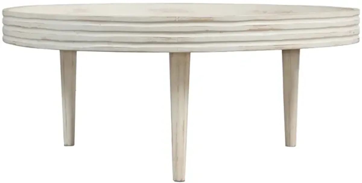 33 Inch Coffee Table, Solid Mango Wood, Handcrafted Round Grooved Raised Edge, Distressed White - Benzara