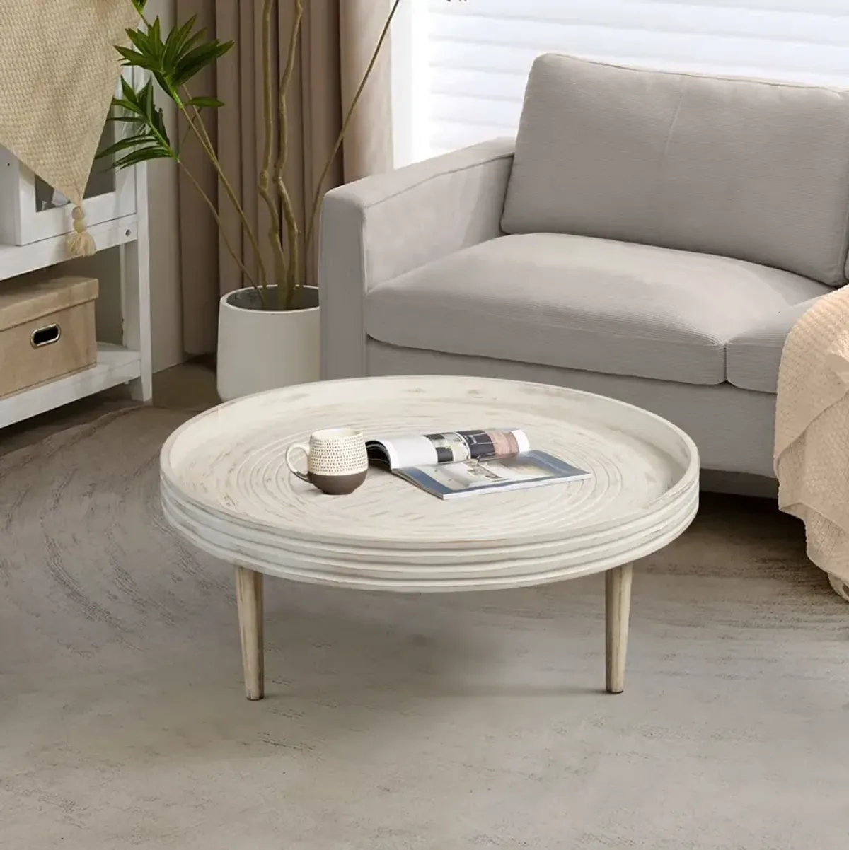 33 Inch Coffee Table, Solid Mango Wood, Handcrafted Round Grooved Raised Edge, Distressed White - Benzara