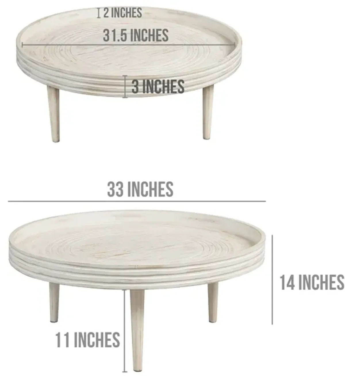 33 Inch Coffee Table, Solid Mango Wood, Handcrafted Round Grooved Raised Edge, Distressed White - Benzara