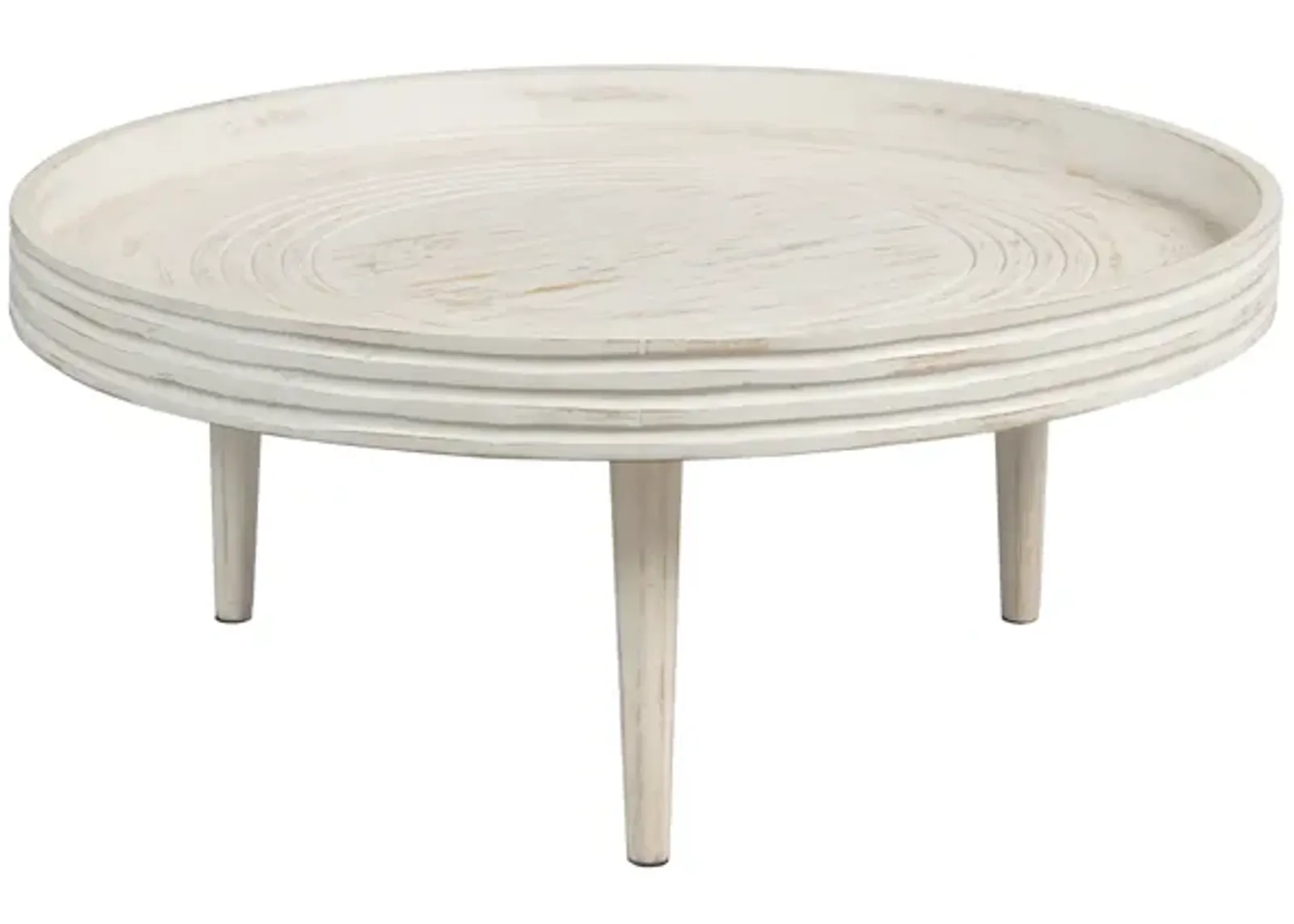 33 Inch Coffee Table, Solid Mango Wood, Handcrafted Round Grooved Raised Edge, Distressed White - Benzara