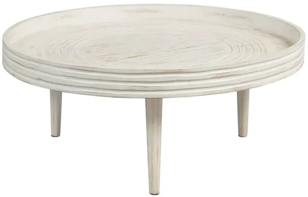 33 Inch Coffee Table, Solid Mango Wood, Handcrafted Round Grooved Raised Edge, Distressed White - Benzara