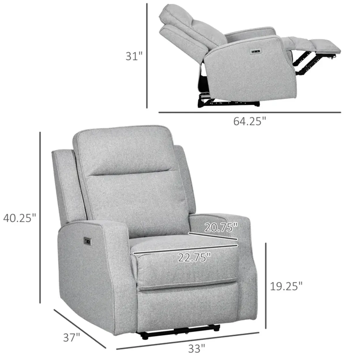 Gray Power Relaxation: Electric Recliner Armchair with USB Charger