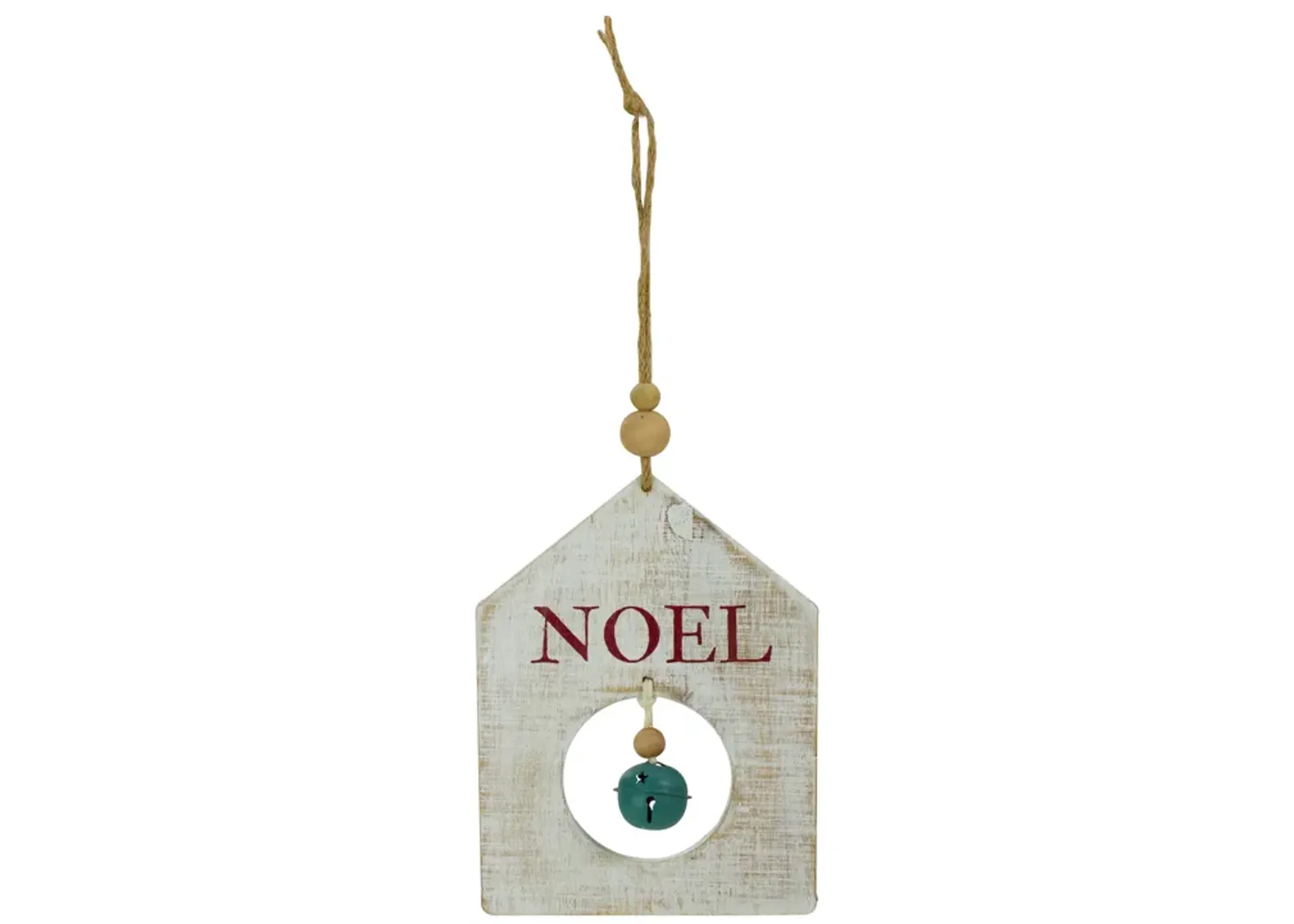 8" Rustic Wooden White "NOEL" With Green Bell Christmas Ornament