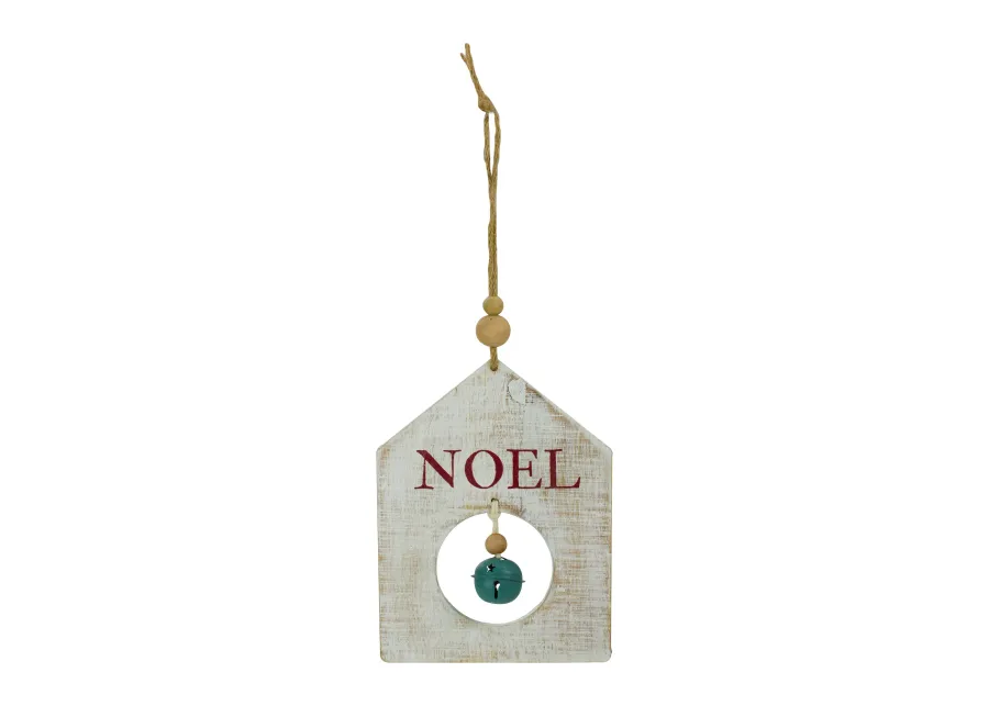 8" Rustic Wooden White "NOEL" With Green Bell Christmas Ornament