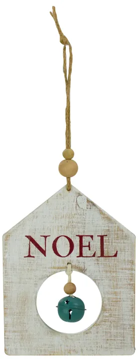 8" Rustic Wooden White "NOEL" With Green Bell Christmas Ornament