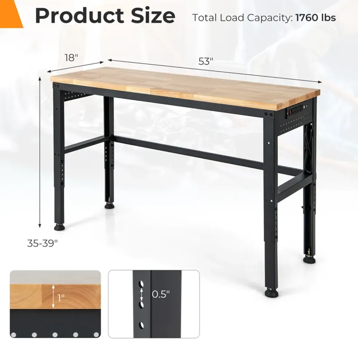 53 Inch Adjustable Heavy-Duty Workbench with Rubber Wood Top