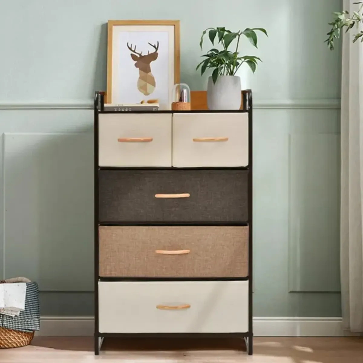 Hivvago 4-Tier Organizer Tower Steel Frame Wooden Top Storage with 5-Drawer Dresser