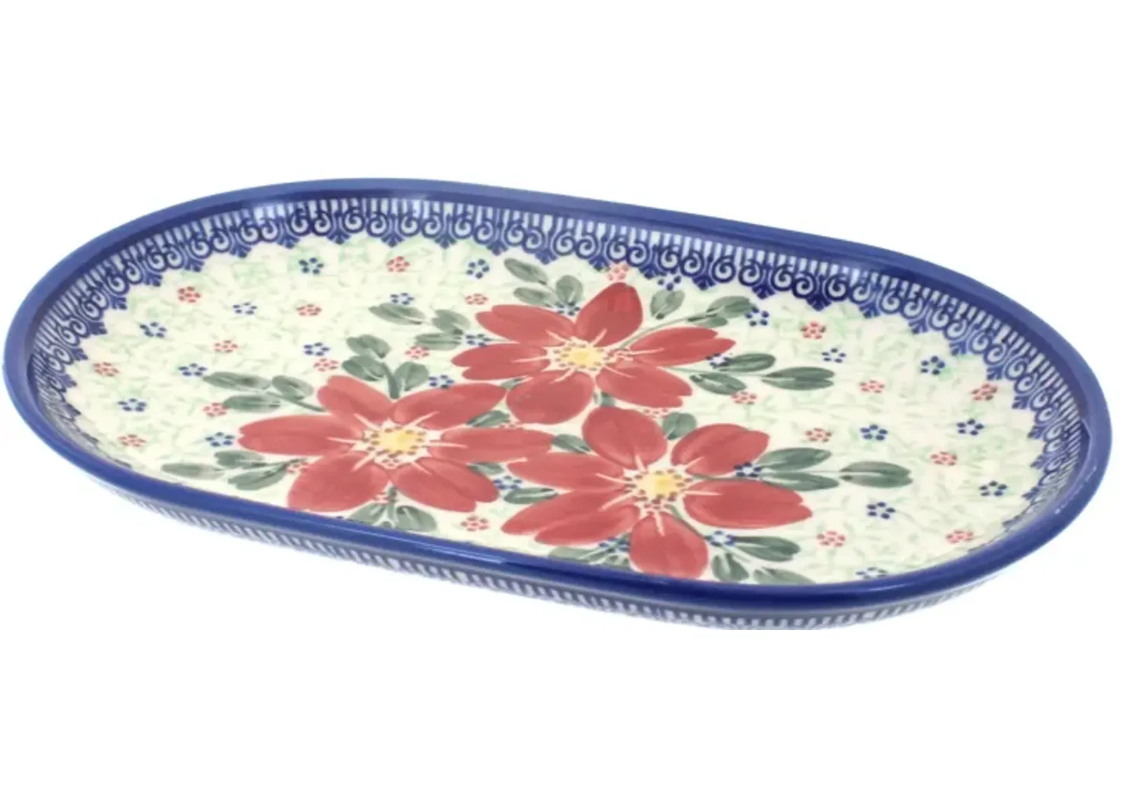 Blue Rose Polish Pottery Poinsettia Small Oval Dish