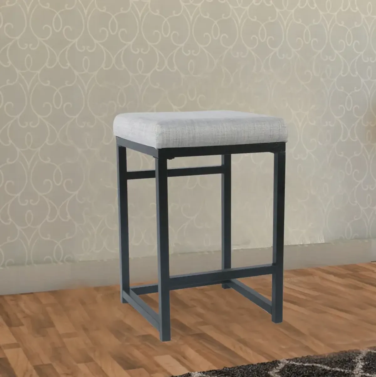 Open Back Metal Counter Stool with Fabric Upholstered Padded Seat, Gray and Black - Benzara