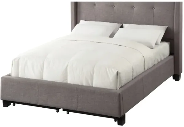 Adams Low Profile California King Bed, Tufted Linen, Wide Storage, Gray - Benzara