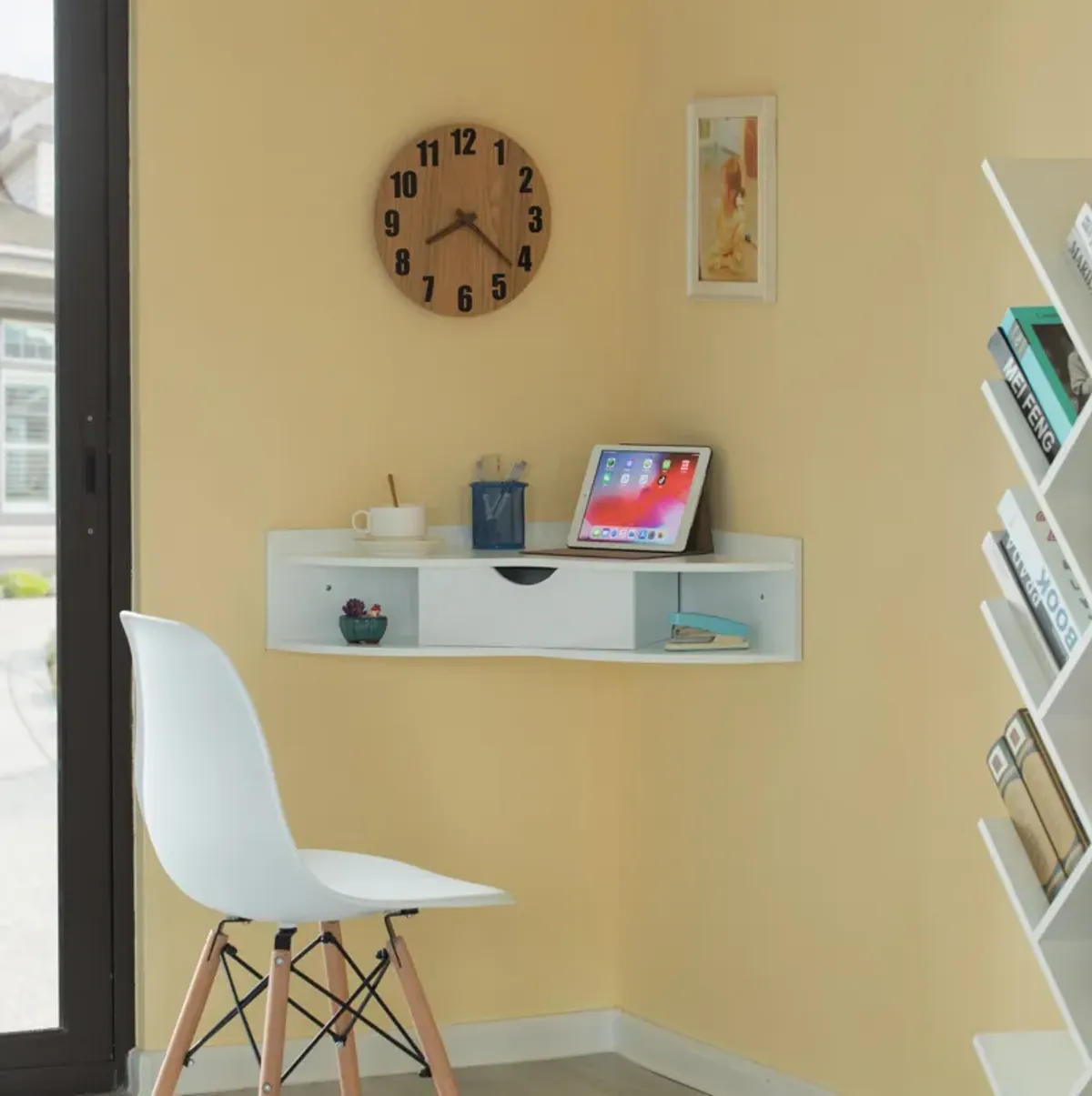 White Corner Desk Heart Shaped Wall Mounted Office Table with Drawer and Two Shelves Computer Writing Desk