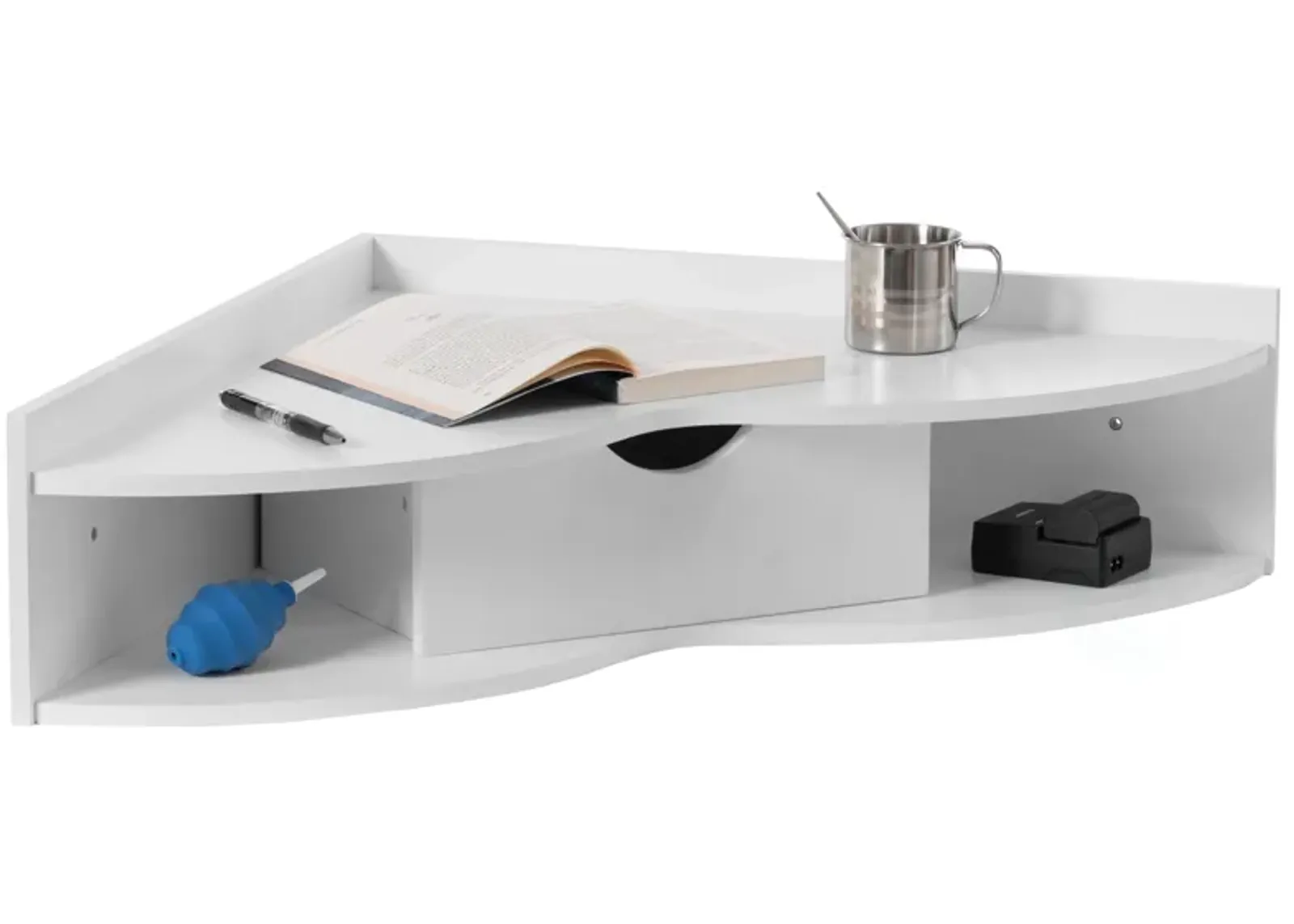 White Corner Desk Heart Shaped Wall Mounted Office Table with Drawer and Two Shelves Computer Writing Desk