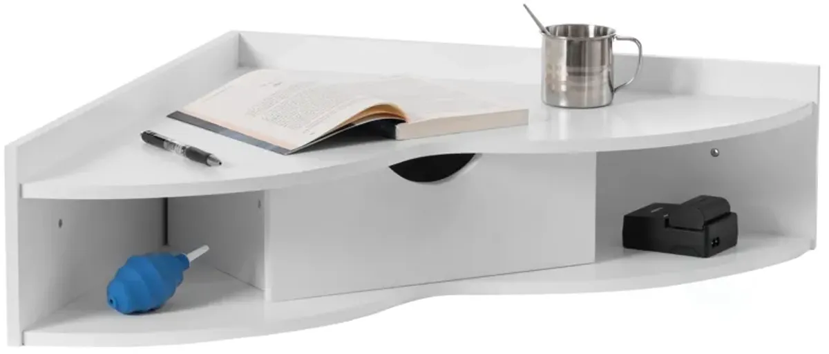 White Corner Desk Heart Shaped Wall Mounted Office Table with Drawer and Two Shelves Computer Writing Desk