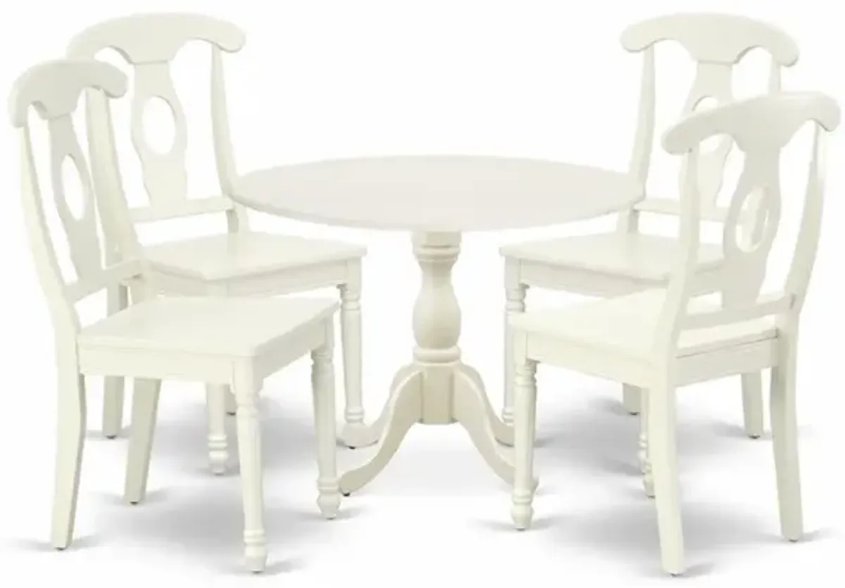 East West Furniture DMKE5-LWH-W 5 Piece Dining Set Consists of 1 Drop Leaves Dining Room Table and 4 Linen White Dining Room Chairs with Napoleon Back - Linen White Finish