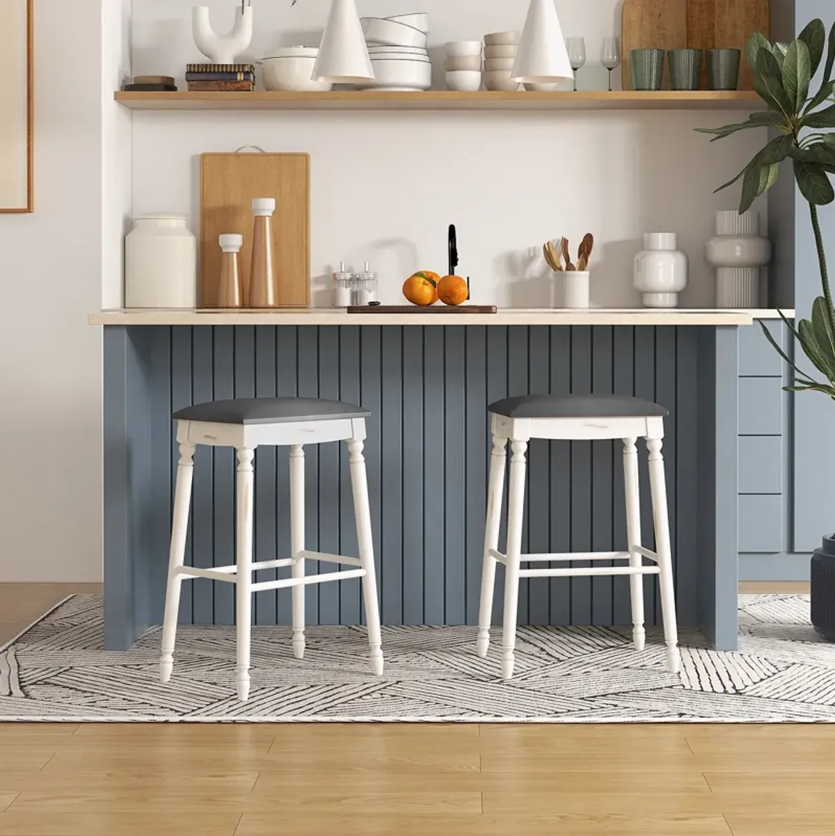 Bar Stool Set of 2 with Padded Seat Cushions and Wood Legs