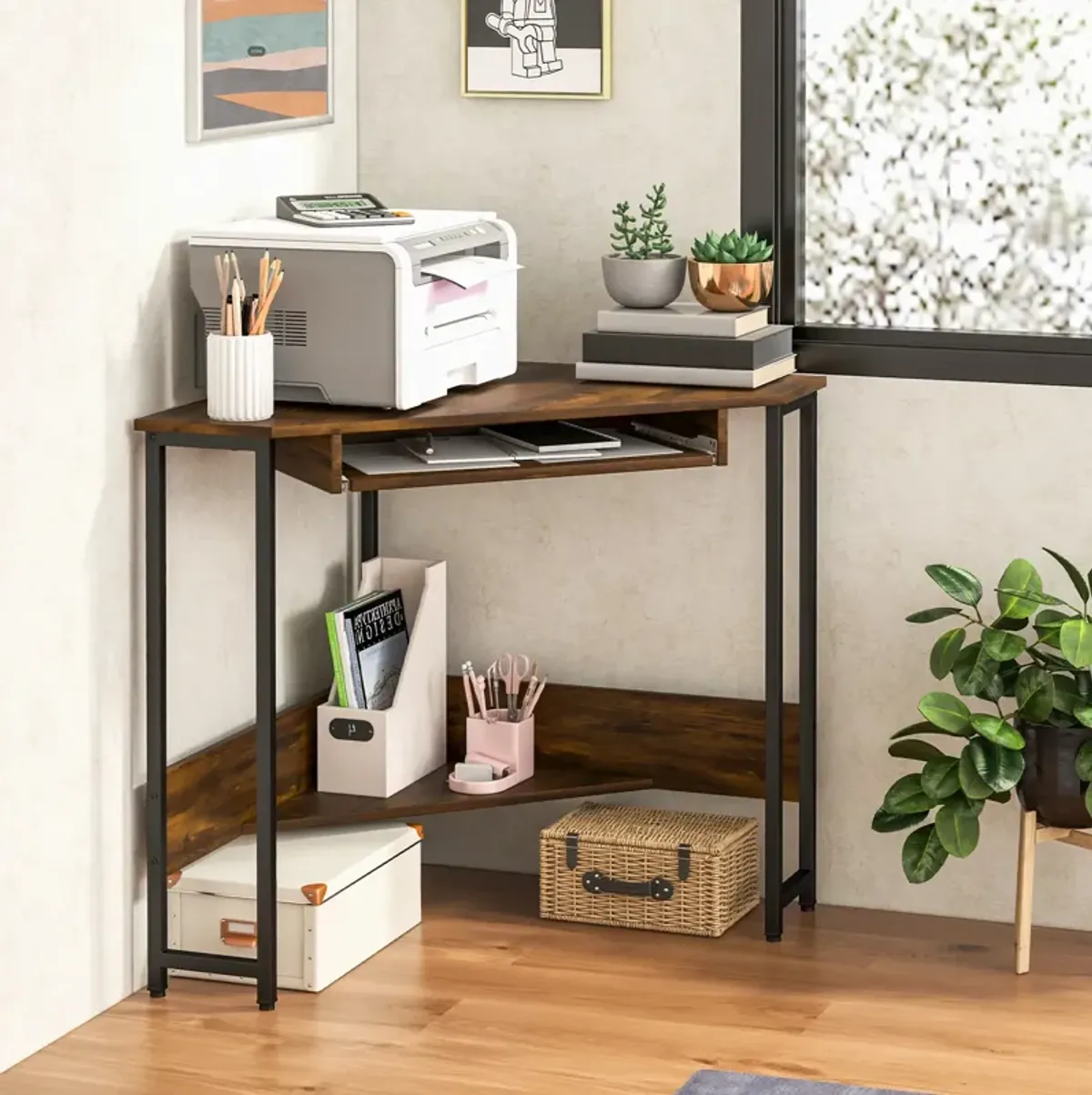 Triangle Corner Desk with Charging Station Keyboard Tray and Storage Shelf