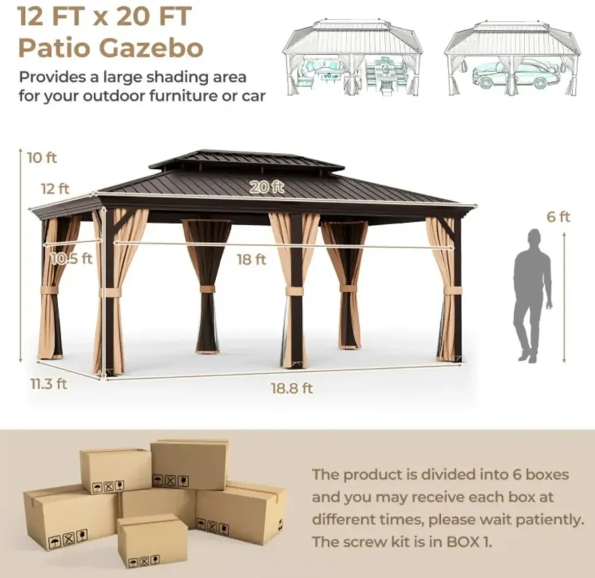 Hivvago 12' x 20' Double-Roof Hardtop Gazebo with Galvanized Steel Roof-Coffee